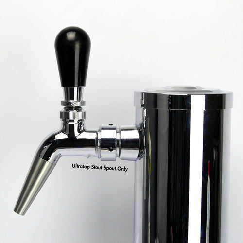 A close-up of a stainless steel beer tap system with a black handle and a cylindrical chrome body, shown against a plain light background. The text 'Ultratap Stout Spout Only' is printed on the metal spout.