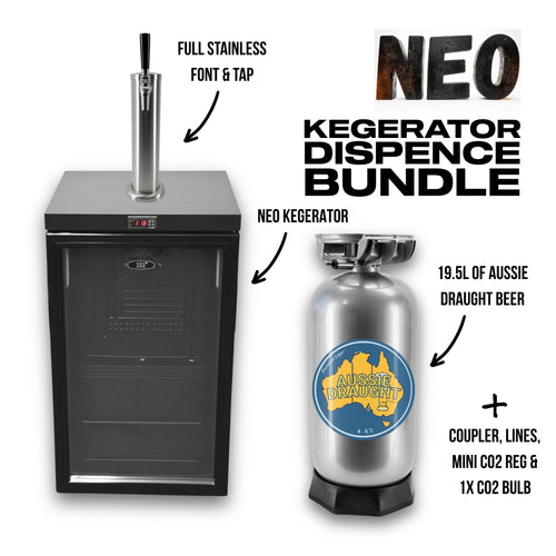 NEO Kegerator Dispense Bundle featuring a black stainless steel kegerator with a tap, a 19.5L Aussie Draught Beer CO2 tank, coupler, lines, mini CO2 regulator, and 1x CO2 bulb, shown with text callouts on a white background.