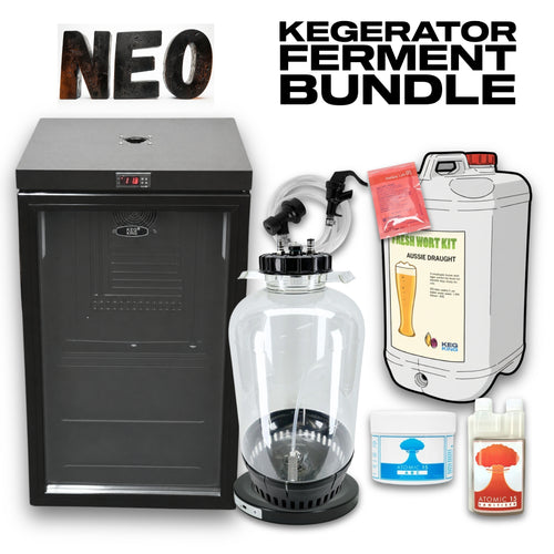 NEO Dispense Upgrade Bundle featuring a stainless steel draft tower, a 2.6kg CO2 cylinder, an MKX regulator, and promotional text on a white background.