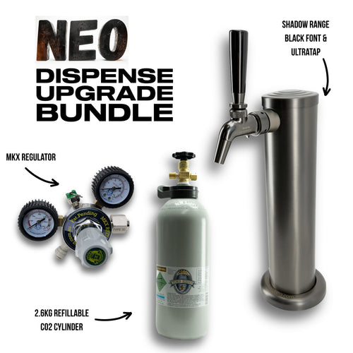 NEO Dispense Upgrade Bundle featuring a stainless steel draft tower, a 2.6kg CO2 cylinder, an MKX regulator, and promotional text on a white background.