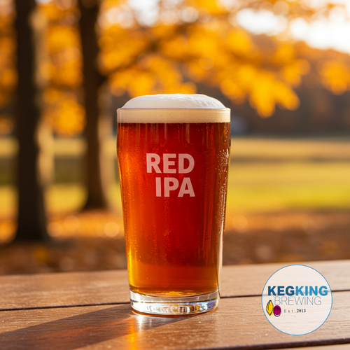 Glass of Red IPA with a blurred autumn background and Kegking Brewing logo.
