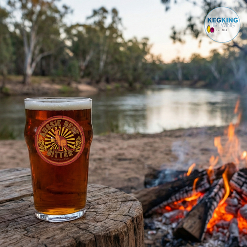 Glass of beer with a logo on a wooden stump by a campfire and lake