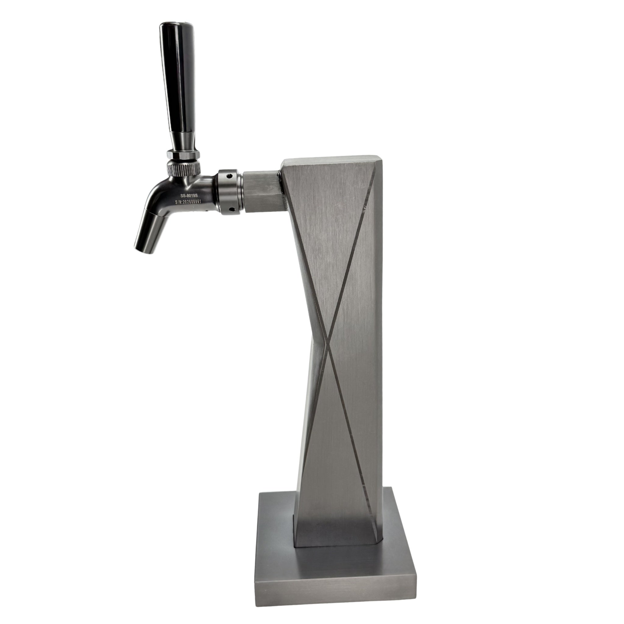 Metal beer tap with a geometric design on a white background