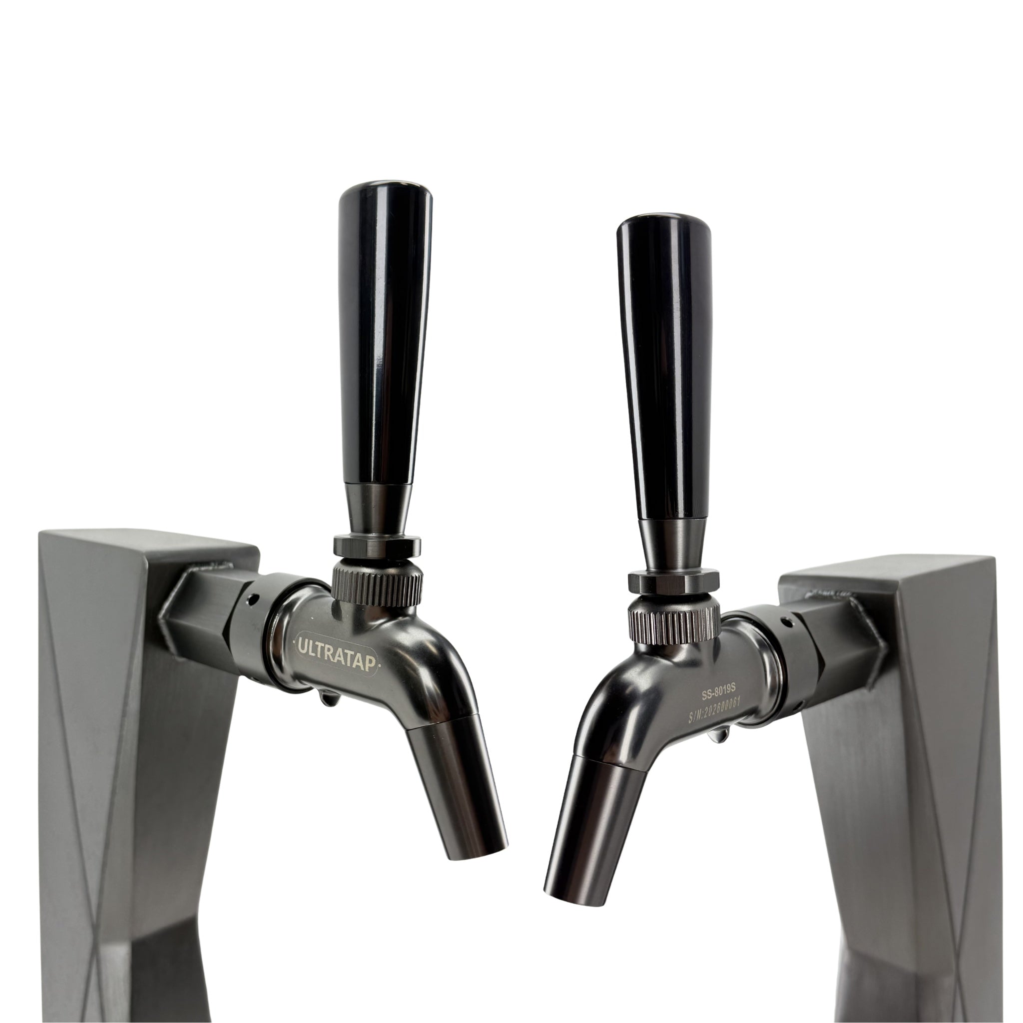 Two black beer taps on a white background