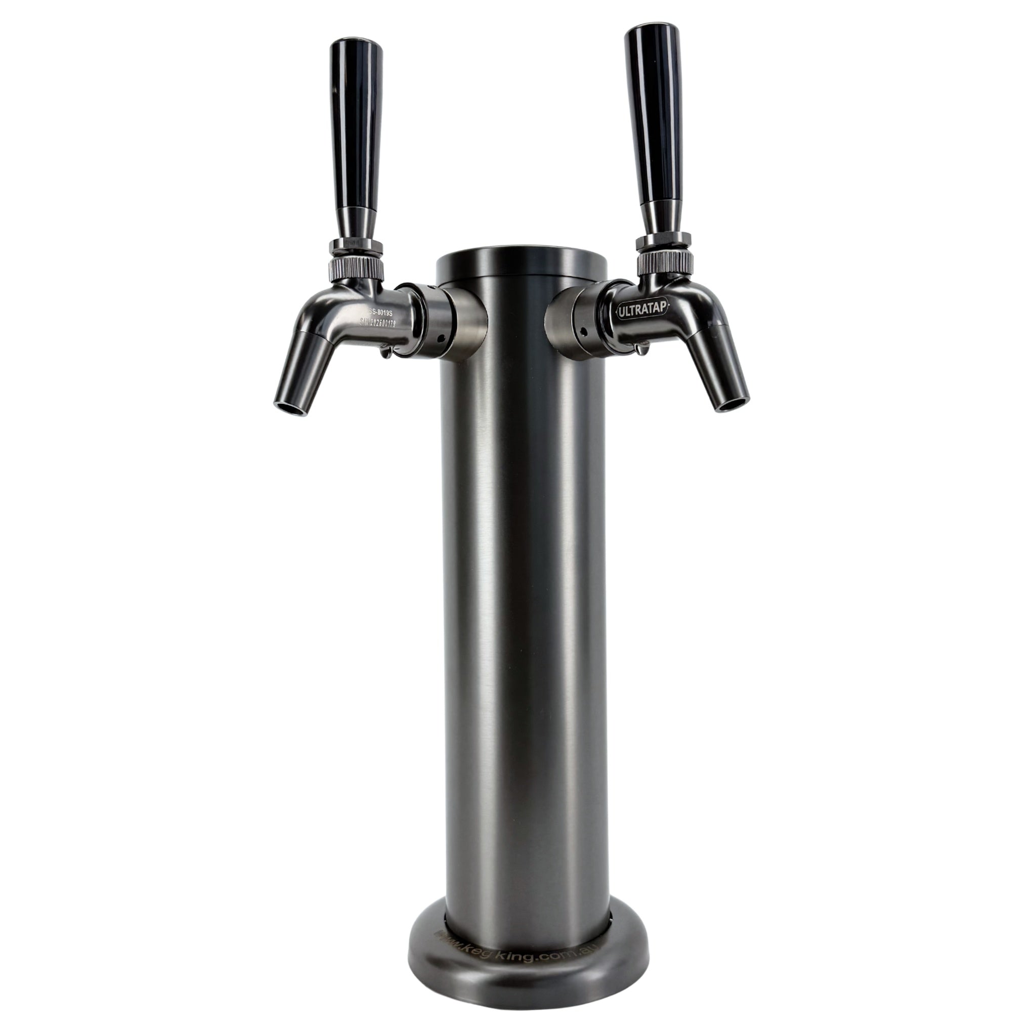 Metal beer tap with two spouts on a white background