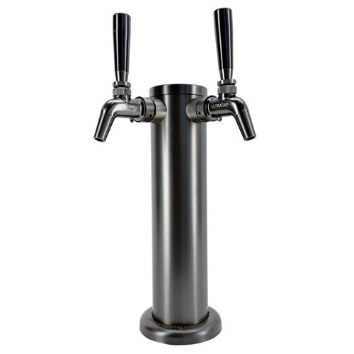 Metal beer tap with two spouts on a white background