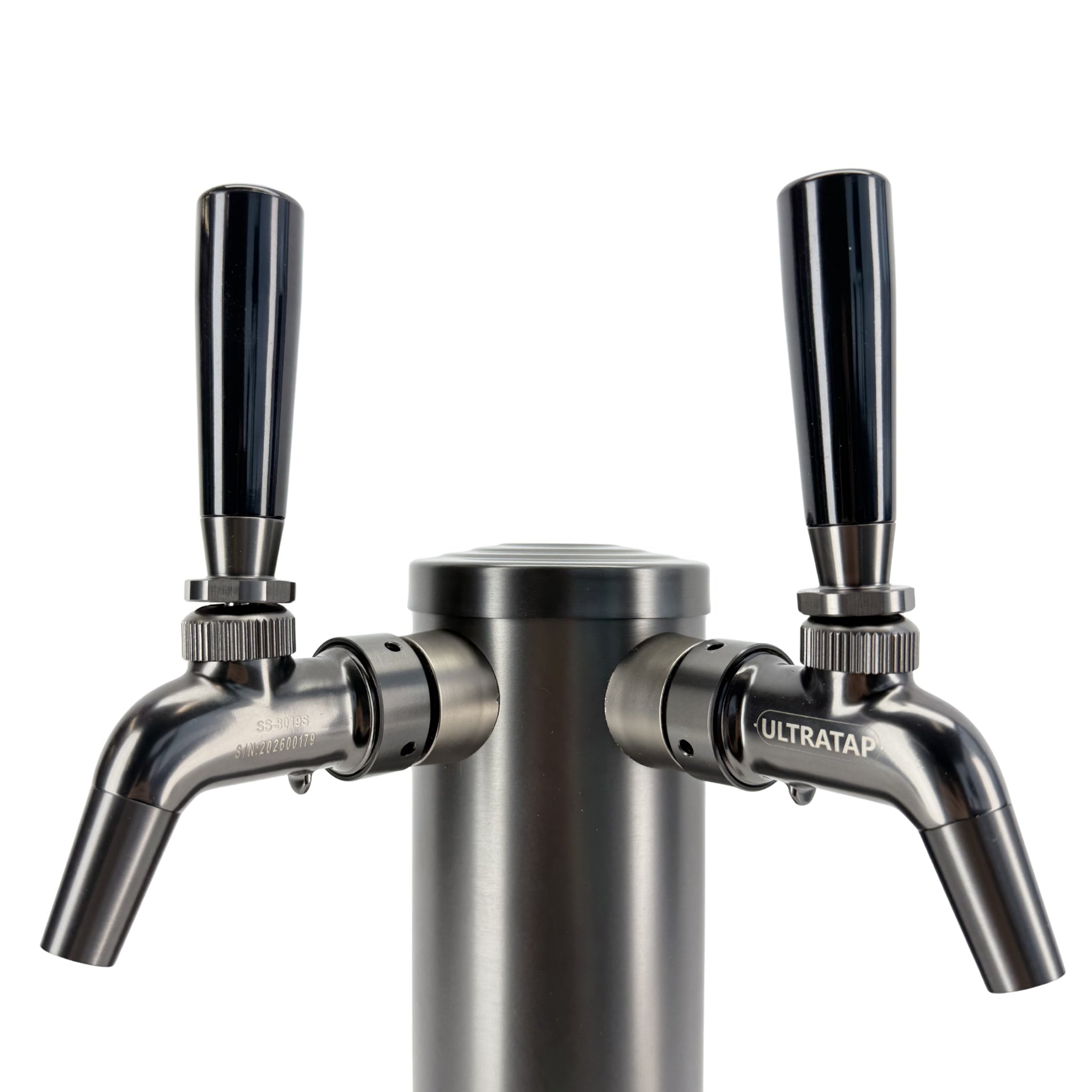 Metal beer tap with two handles on a white background, branded 'ULTRATAP'.