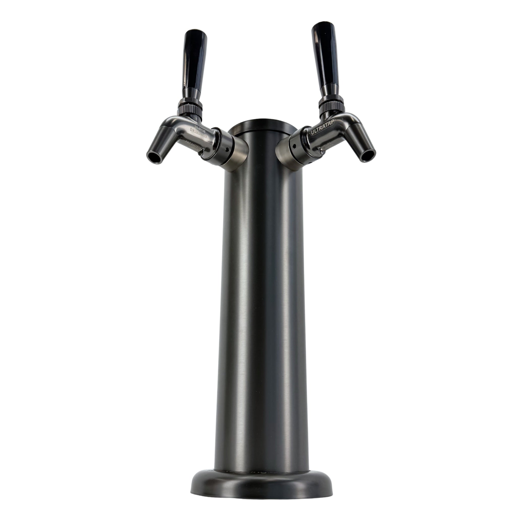 Black beer tap with two spouts on a white background