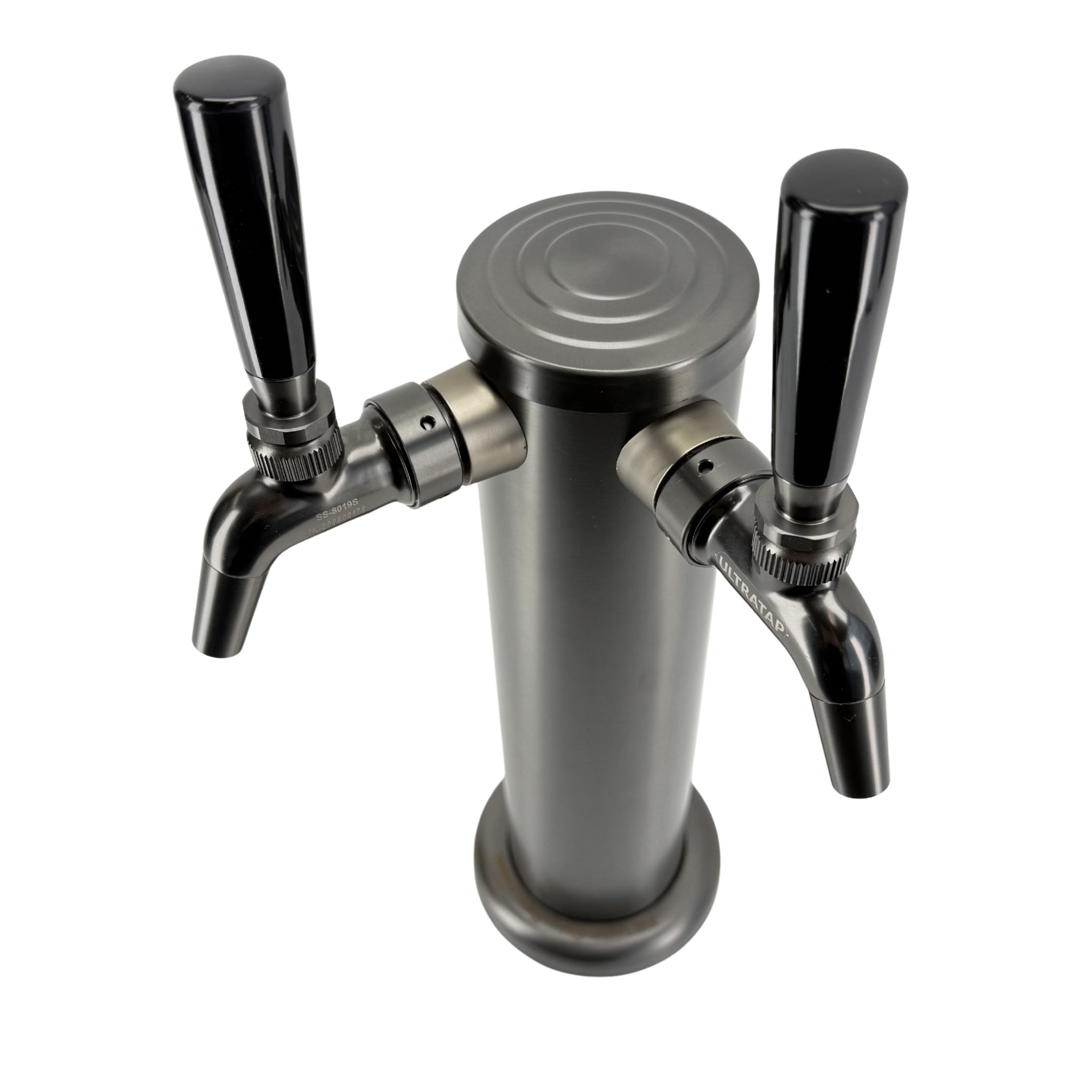 Metal beer tap with two black handles on a white background