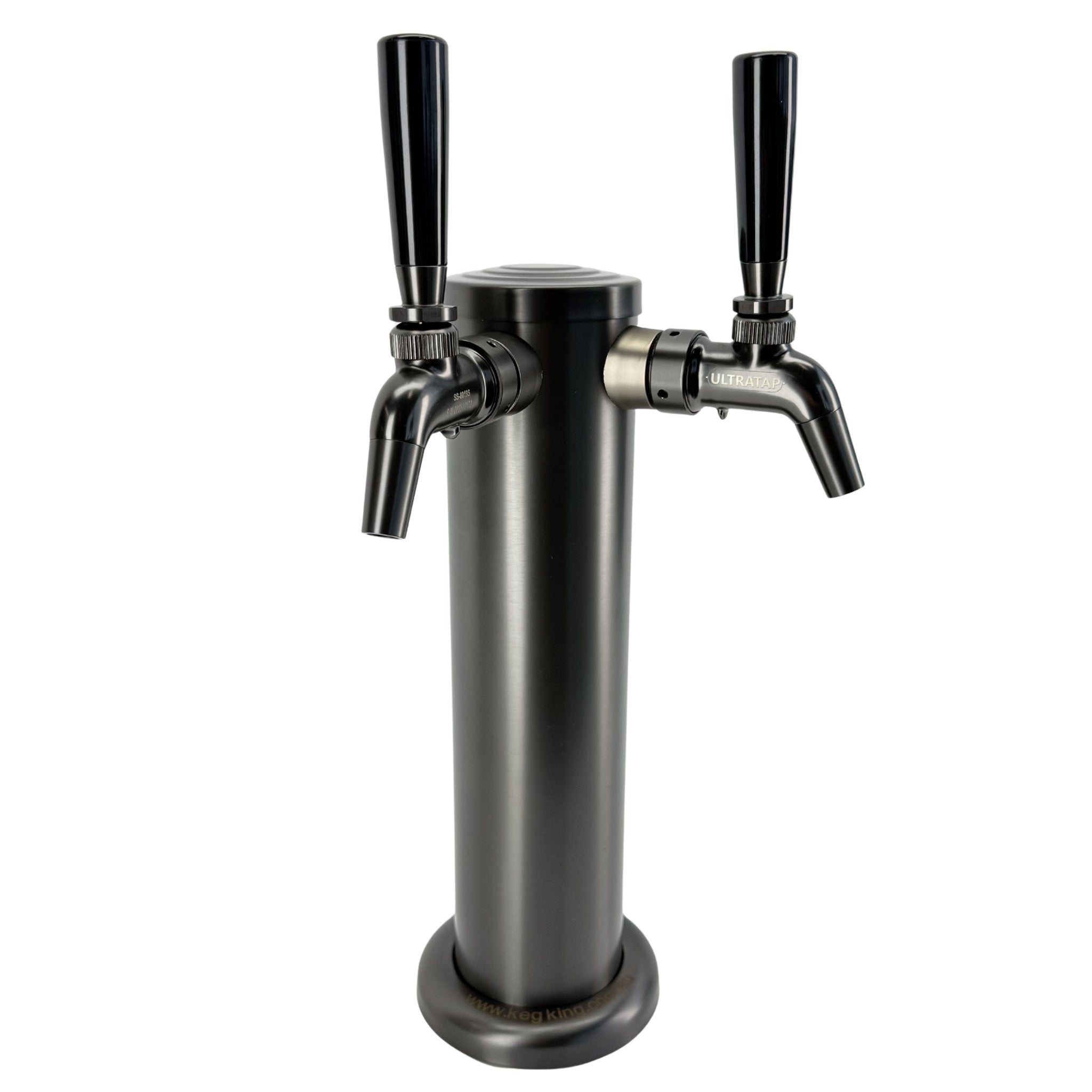 Black beer tap with two handles on a white background