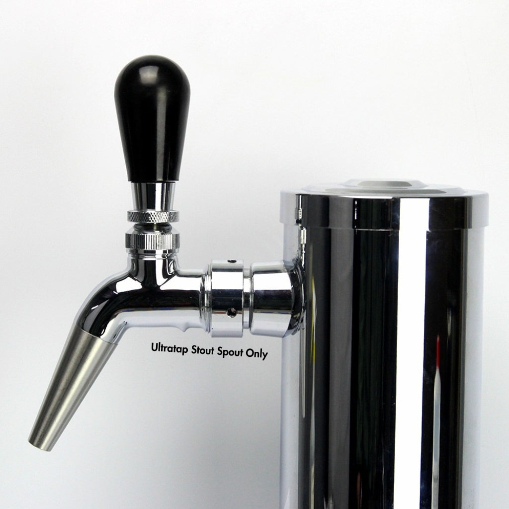 A close-up of a stainless steel beer tap system with a black handle and a cylindrical chrome body, shown against a plain light background. The text 'Ultratap Stout Spout Only' is printed on the metal spout.