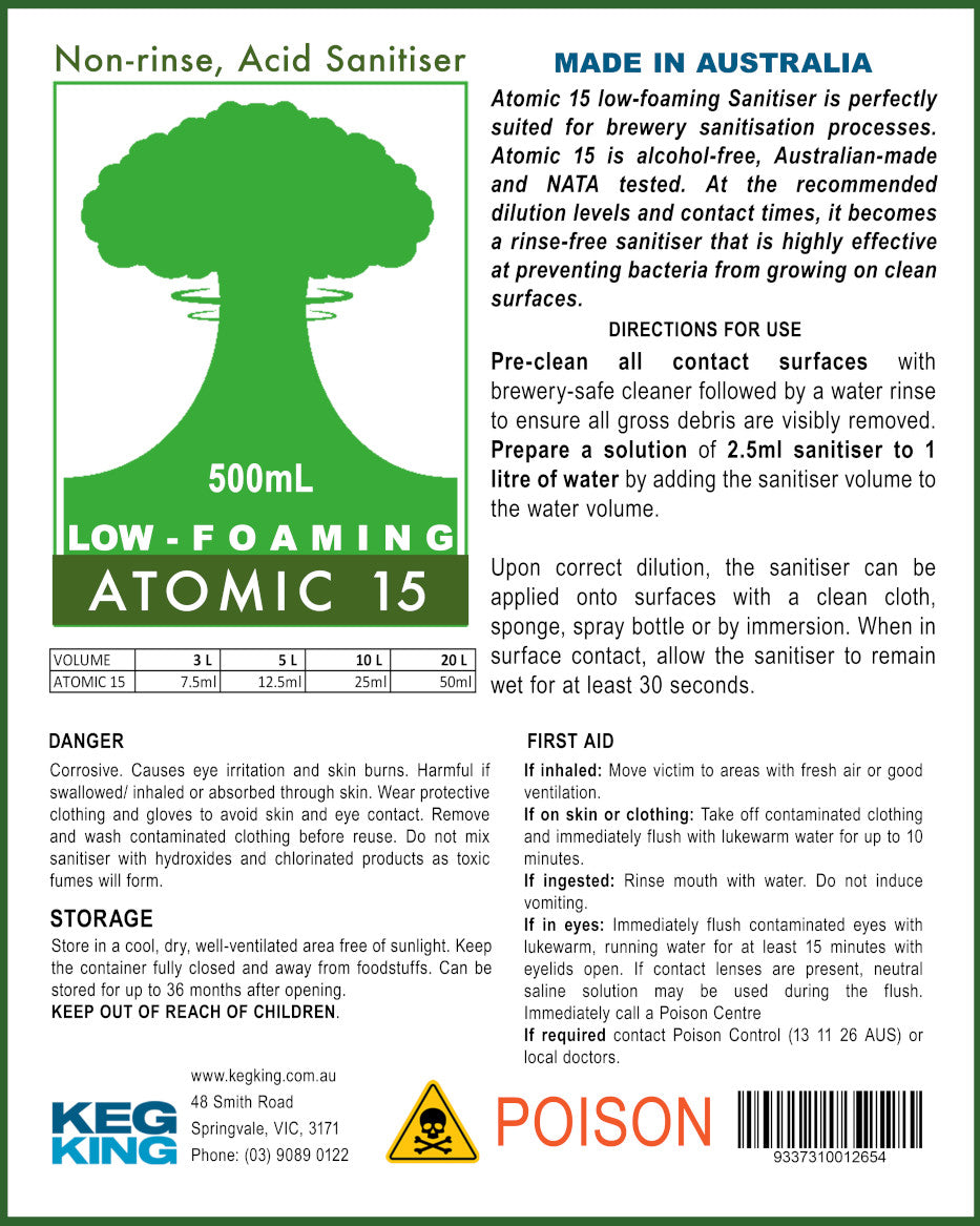 Atomic 15 - Low Foaming Sanitiser 500mL