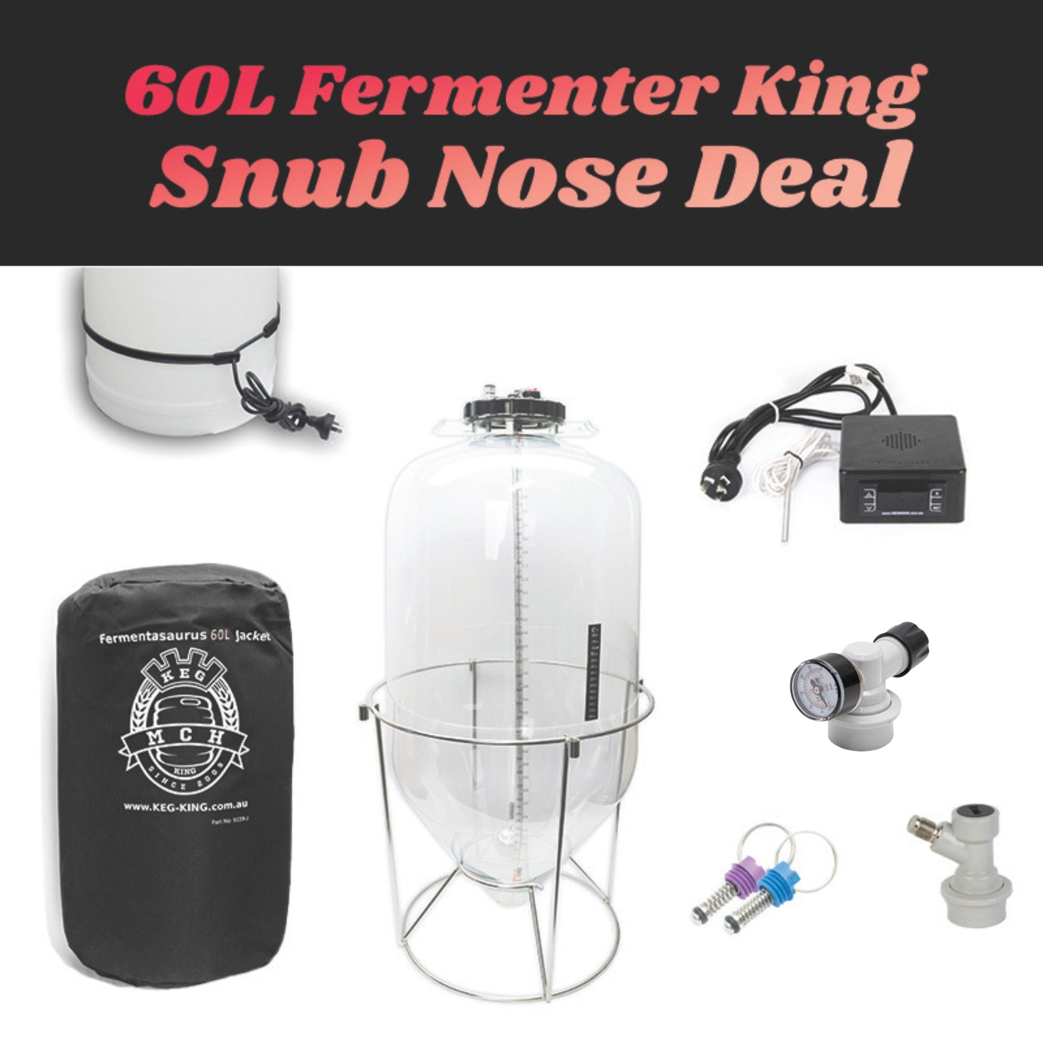 60L Fermenter King Snub Nose Deal with fermenter, accessories, and packaging on a white background.