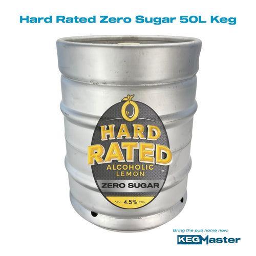 A 50L keg-style container for alcoholic lemonade, branded Hard Rated, with a silver metallic body and a black-and-yellow front label reading 'Hard Rated Alcoholic Lemon Zero Sugar'. Blue text at the top says 'Hard Rated Zero Sugar 50L Keg' and the KEGMaster logo appears at the bottom right.