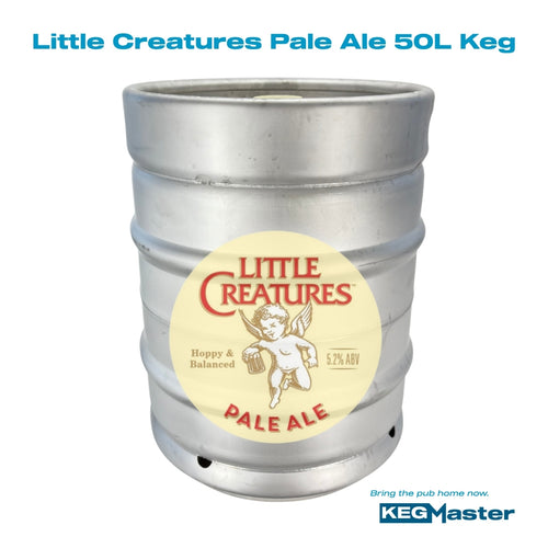 A 50L stainless steel keg labeled Little Creatures Pale Ale, shown against a plain white background with blue text at the top and a KEGMaster logo at the bottom right.