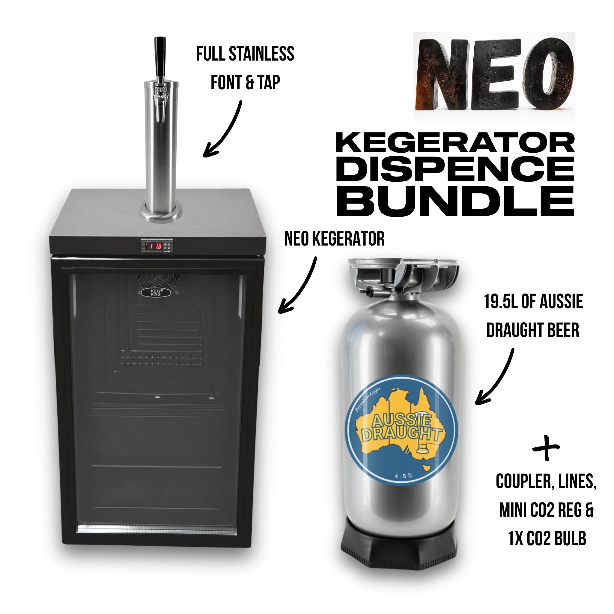 NEO Kegerator Dispense Bundle featuring a black stainless steel kegerator with a tap, a 19.5L Aussie Draught Beer CO2 tank, coupler, lines, mini CO2 regulator, and 1x CO2 bulb, shown with text callouts on a white background.