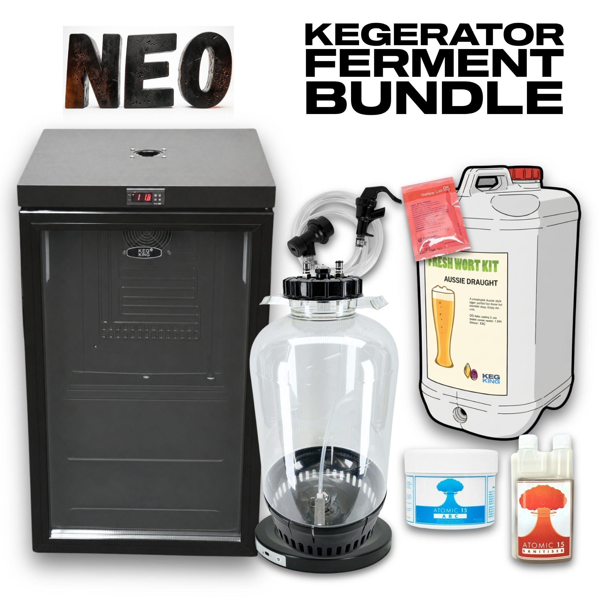 NEO Dispense Upgrade Bundle featuring a stainless steel draft tower, a 2.6kg CO2 cylinder, an MKX regulator, and promotional text on a white background.