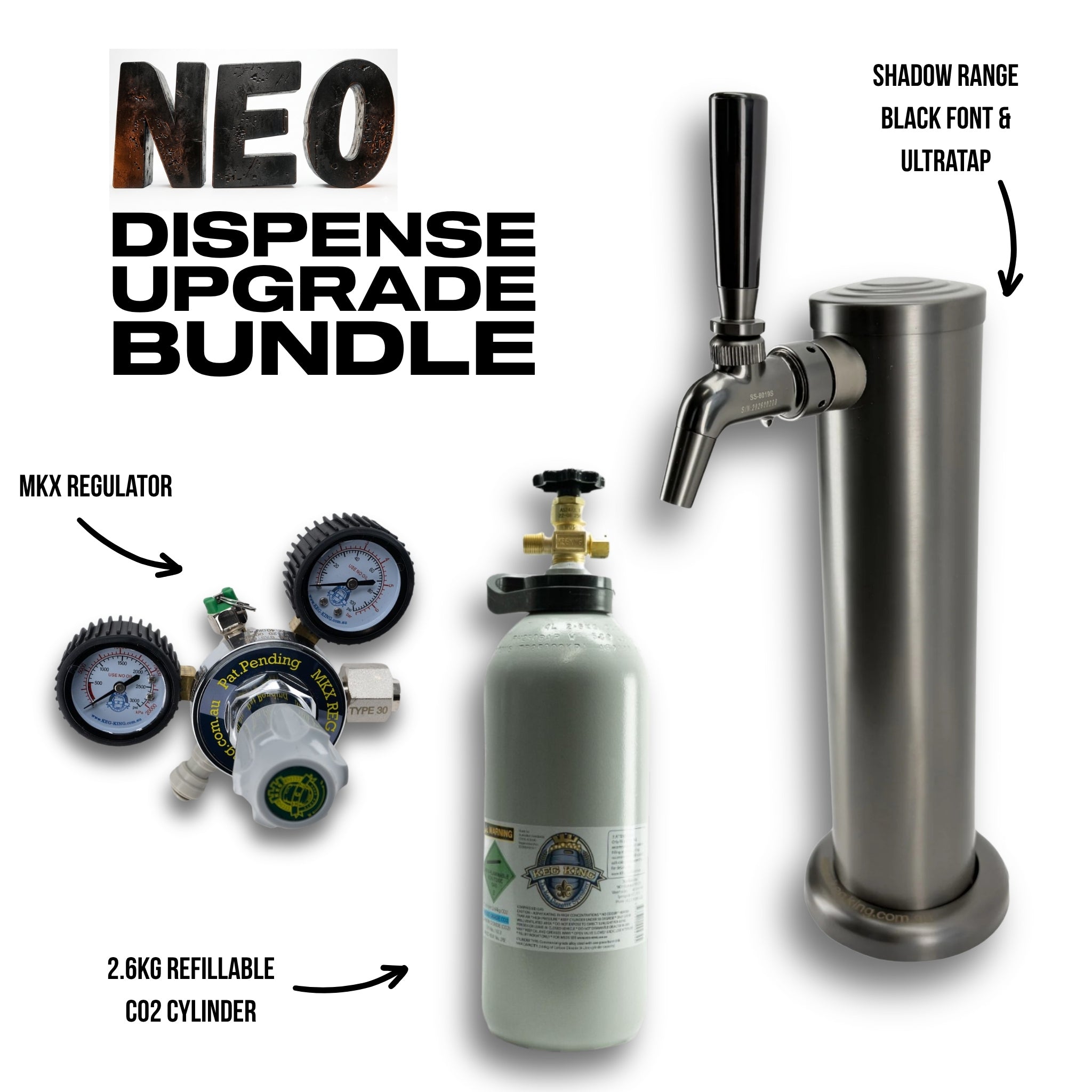 NEO Dispense Upgrade Bundle featuring a stainless steel draft tower, a 2.6kg CO2 cylinder, an MKX regulator, and promotional text on a white background.