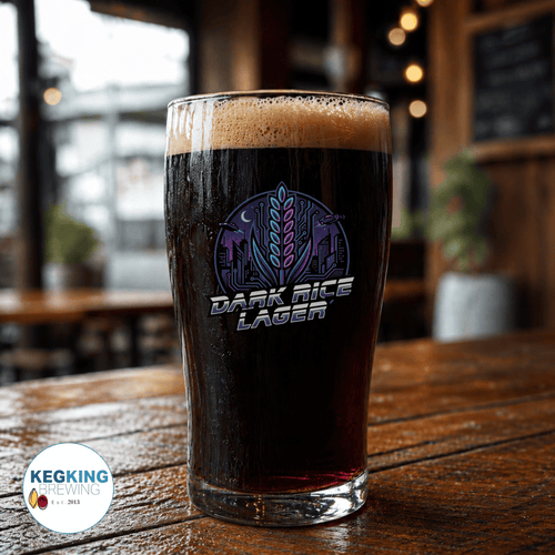 Glass of Dark Rice Lager beer with a logo on a wooden table in a bar setting.