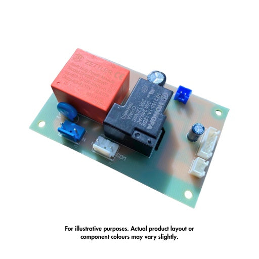 Electronic relay board with red, black, and blue components on a white background
