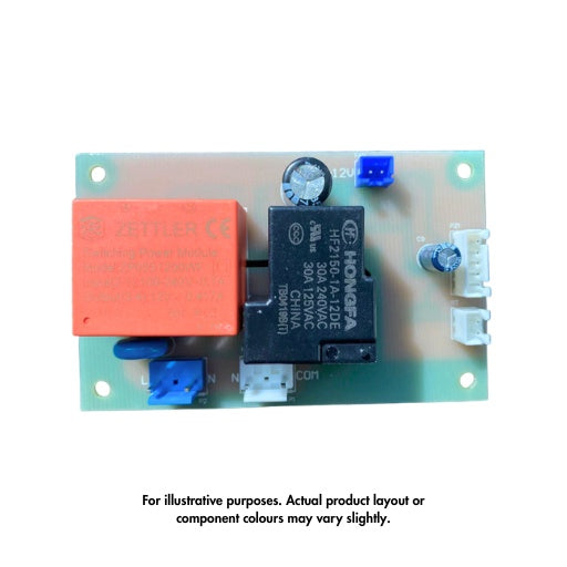 Electronic component board with relays and connectors on a white background
