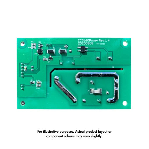 Green circuit board with electronic components on a white background