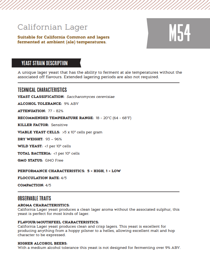 Mangrove Jack's Yeast M54 Californian Lager (10g)