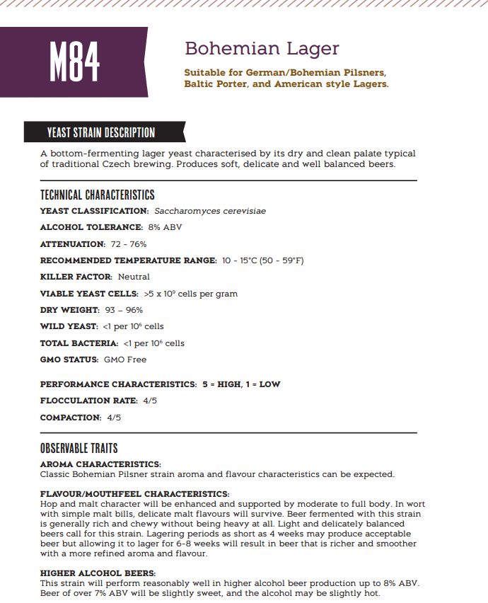 Mangrove Jack's CS Yeast M84 Bohemian Lager (10g)
