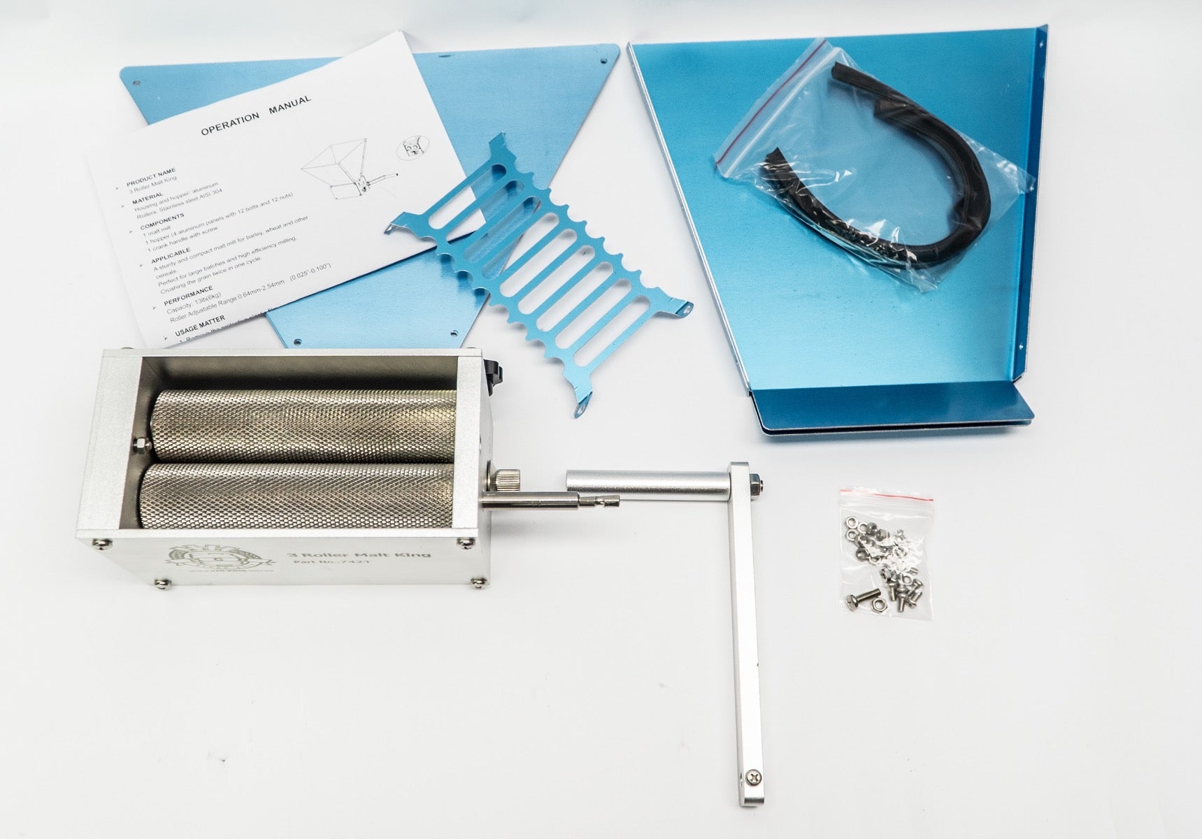 Grain Malt Mill 3 Roller - With Steel Mounting Board