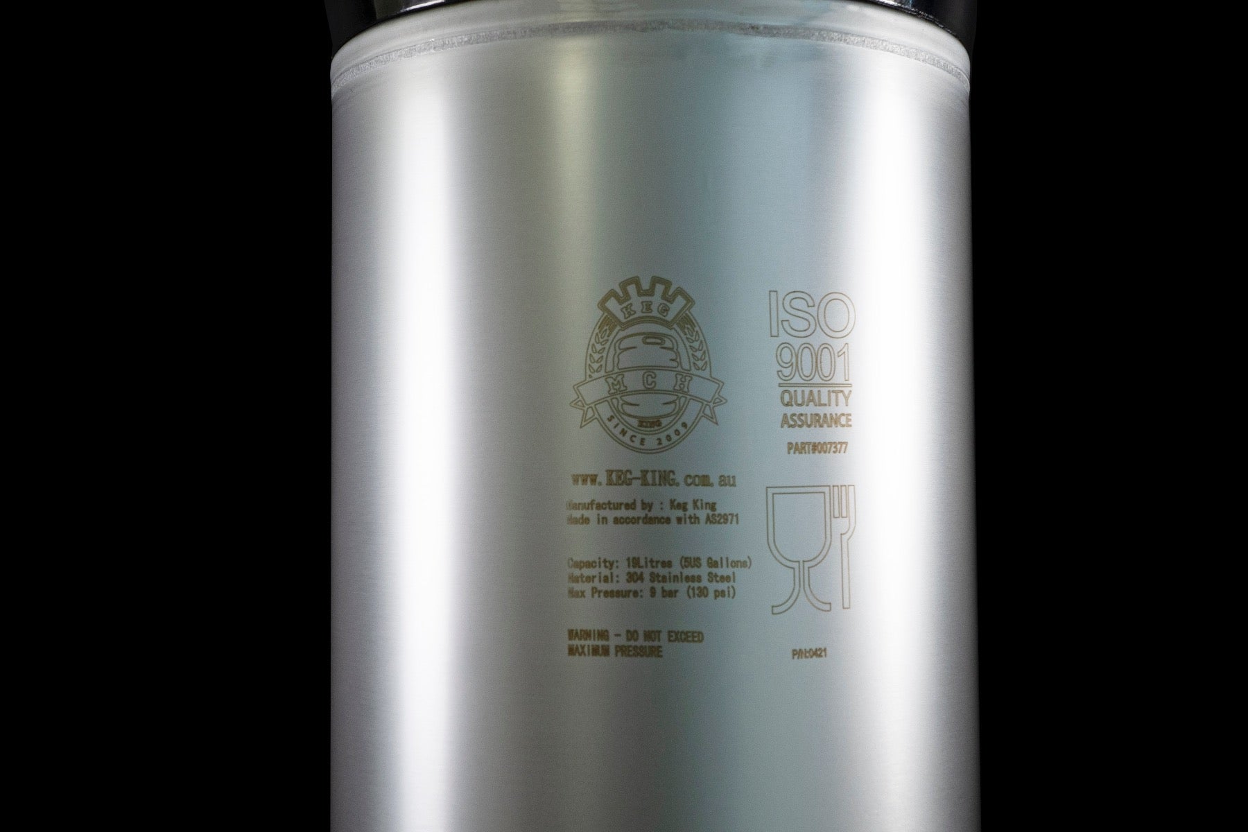 19L ball lock passivated finish stainless steel corny keg side view