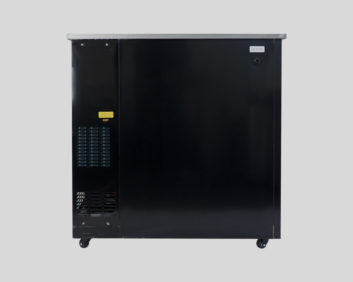 Photo of KegMaster Solstice Beer Keg Fridge Kegerator Heating and Cooling Back of Fridge View with Gas Push-In Connection Port