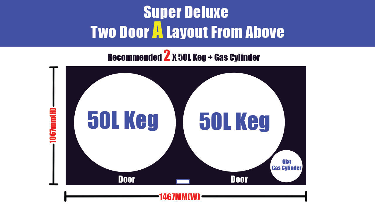Two Door Super Deluxe Kegmaster showing 50L keg capacity