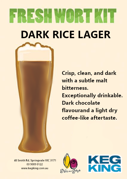 Advertisement for Keg King Dark Rice Lager with a glass of dark beer and descriptive text.