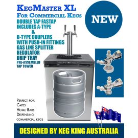 Landing Photo KegMaster XL For Commercial Kegs with pictures of couplers and beer kegs and taps plus words about the product itself